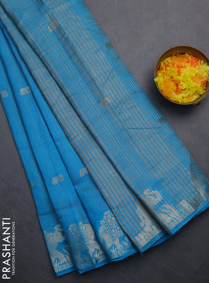 Semi raw silk saree cs blue with zari weaves & elephant buttas and elephant design zari woven border