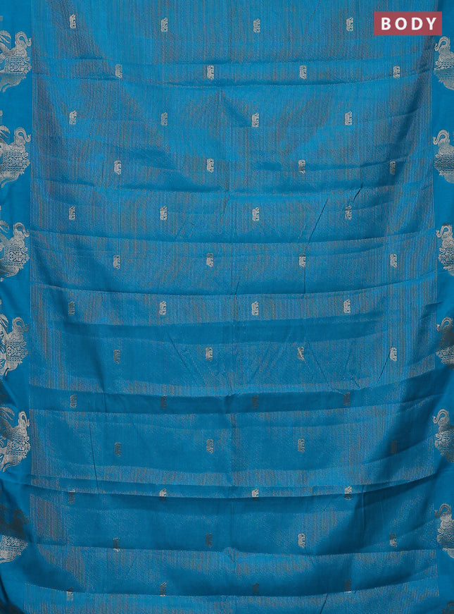 Semi raw silk saree cs blue with zari weaves & elephant buttas and elephant design zari woven border