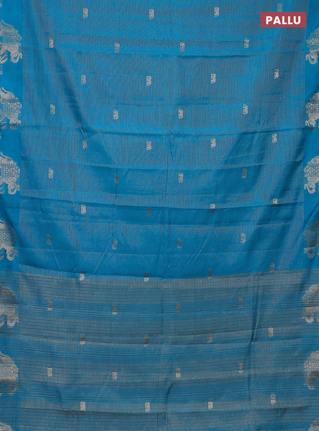 Semi raw silk saree cs blue with zari weaves & elephant buttas and elephant design zari woven border