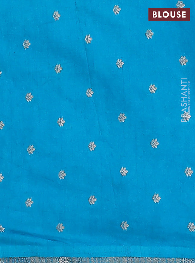 Semi raw silk saree cs blue with zari weaves & elephant buttas and elephant design zari woven border