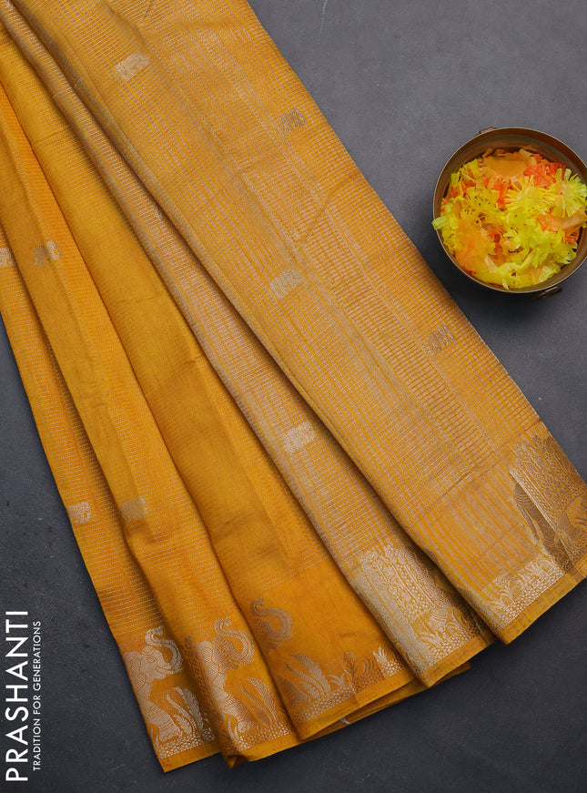 Semi raw silk saree mustard yellow with zari weaves & elephant buttas and elephant design zari woven border