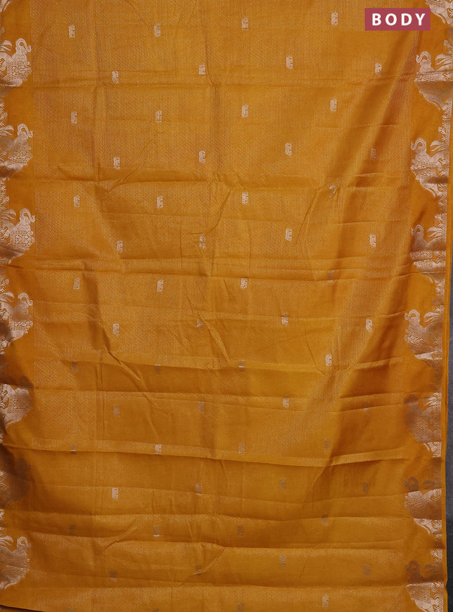 Semi raw silk saree mustard yellow with zari weaves & elephant buttas and elephant design zari woven border