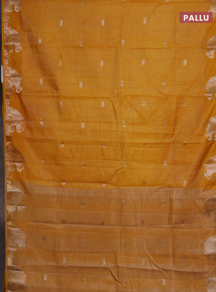 Semi raw silk saree mustard yellow with zari weaves & elephant buttas and elephant design zari woven border