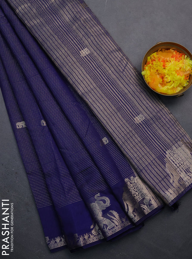 Semi raw silk saree navy blue with zari weaves & elephant buttas and elephant design zari woven border