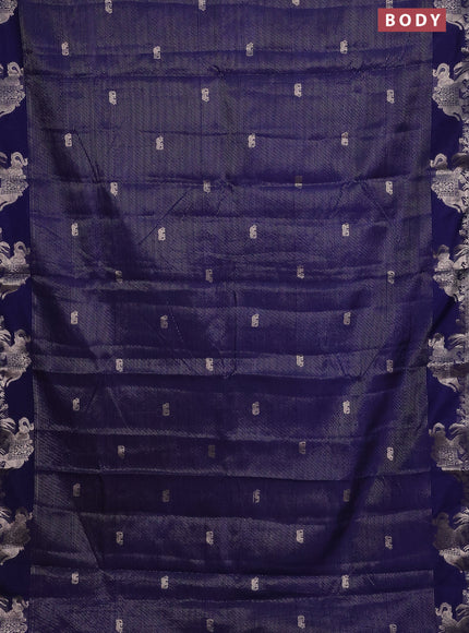 Semi raw silk saree navy blue with zari weaves & elephant buttas and elephant design zari woven border
