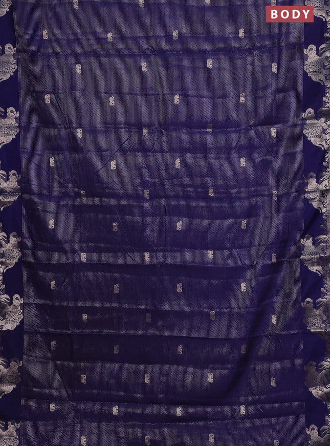 Semi raw silk saree navy blue with zari weaves & elephant buttas and elephant design zari woven border