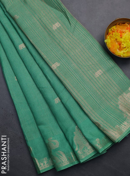 Semi raw silk saree pastel green with zari weaves & elephant buttas and elephant design zari woven border