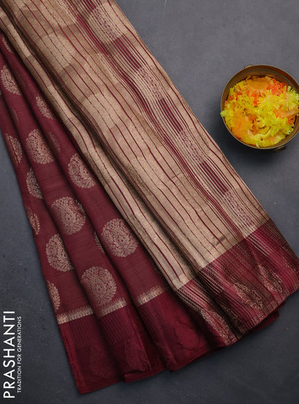 Semi raw silk saree wine shade with zari woven buttas and zari woven simple border