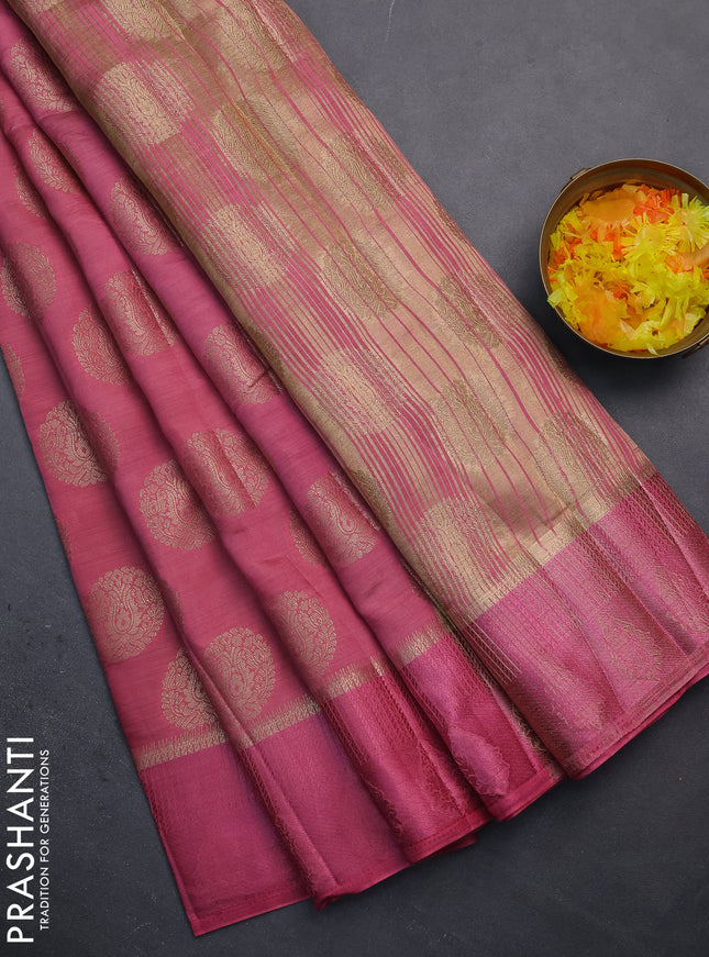 Semi raw silk saree pastel pink with zari woven buttas and zari woven simple border