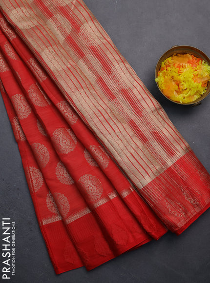 Semi raw silk saree red with zari woven buttas and zari woven simple border