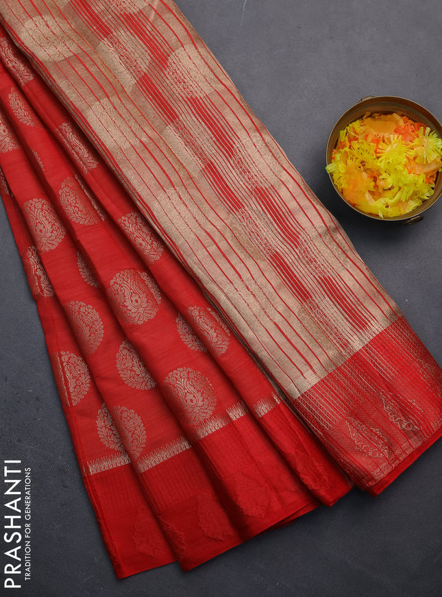 Semi raw silk saree red with zari woven buttas and zari woven simple border