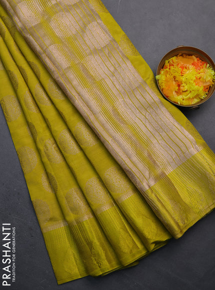 Semi raw silk saree lime yellow with zari woven buttas and zari woven simple border
