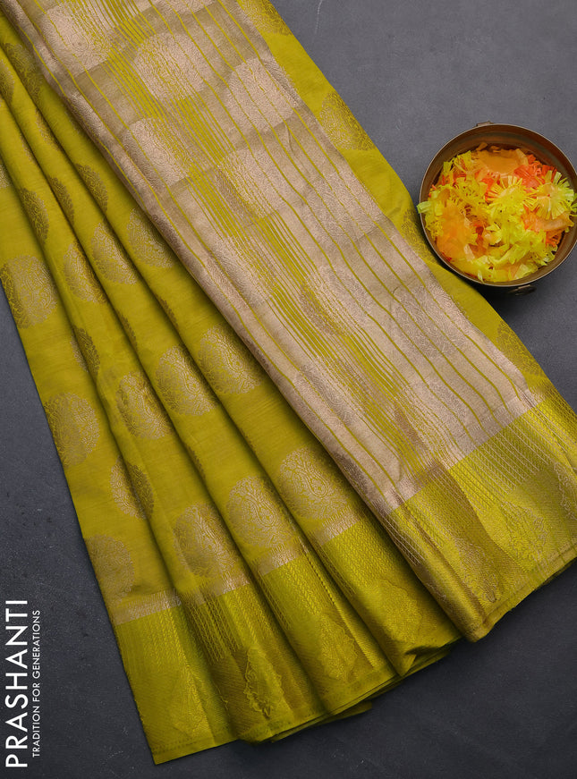 Semi raw silk saree lime yellow with zari woven buttas and zari woven simple border