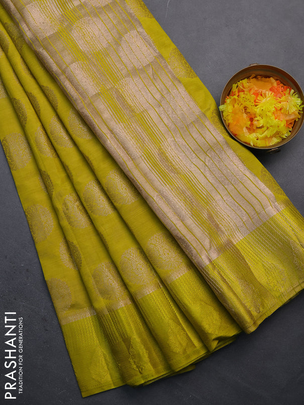 Semi raw silk saree lime yellow with zari woven buttas and zari woven simple border