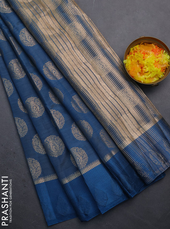 Semi raw silk saree peacock blue with zari woven buttas and zari woven simple border