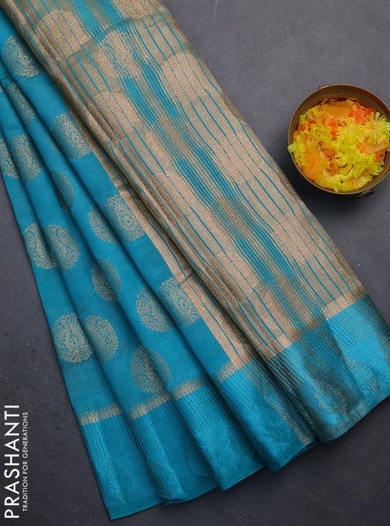 Semi raw silk saree teal blue with zari woven buttas and zari woven simple border