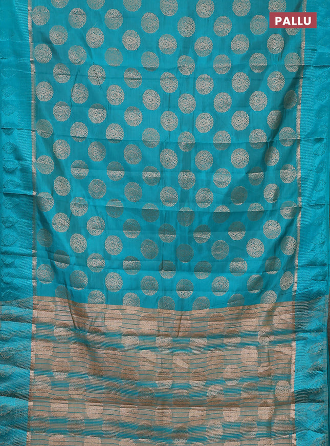 Semi raw silk saree teal blue with zari woven buttas and zari woven simple border