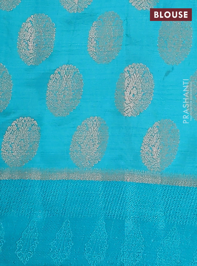 Semi raw silk saree teal blue with zari woven buttas and zari woven simple border