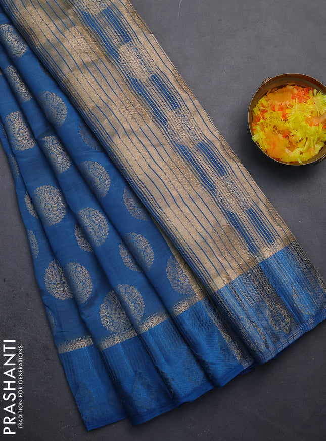 Semi raw silk saree cs blue with zari woven buttas and zari woven simple border
