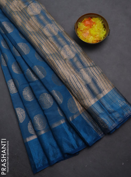 Semi raw silk saree peacock blue with zari woven buttas and zari woven simple border
