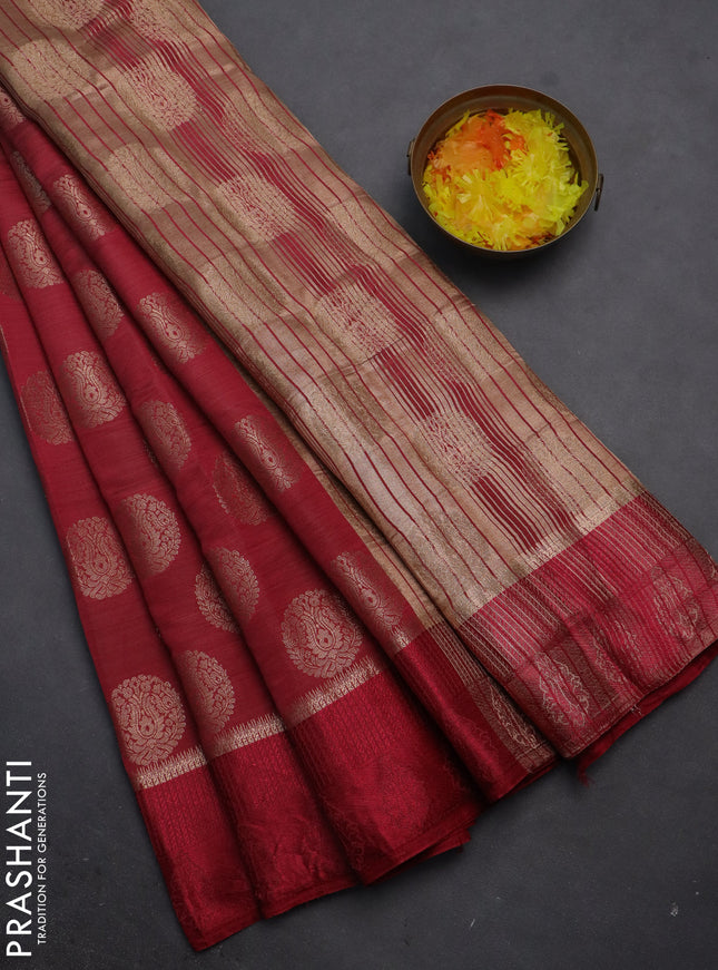 Semi raw silk saree dark pibk with zari woven buttas and zari woven simple border