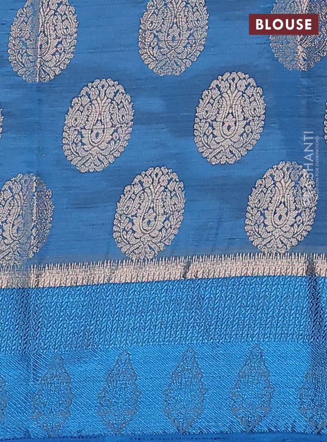 Semi raw silk saree cs blue with zari woven buttas and zari woven simple border