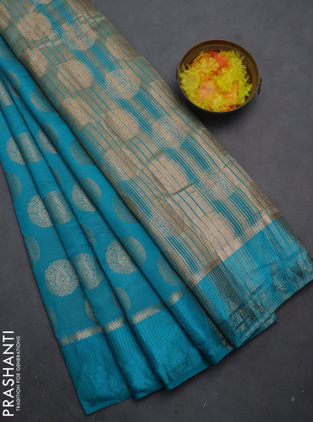 Semi raw silk saree teal blue with zari woven buttas and zari woven simple border