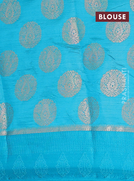 Semi raw silk saree teal blue with zari woven buttas and zari woven simple border