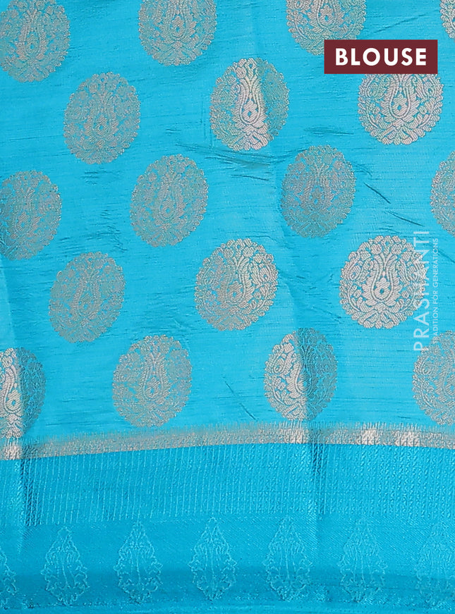 Semi raw silk saree teal blue with zari woven buttas and zari woven simple border