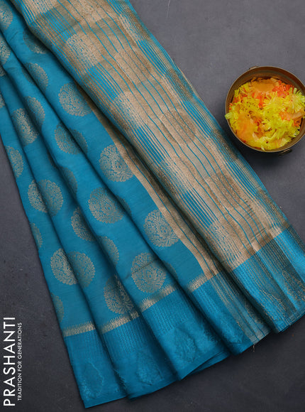 Semi raw silk saree cs blue with zari woven buttas and zari woven simple border