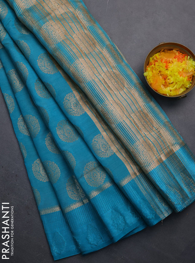 Semi raw silk saree cs blue with zari woven buttas and zari woven simple border