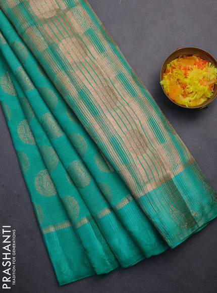 Semi raw silk saree teal green with zari woven buttas and zari woven simple border
