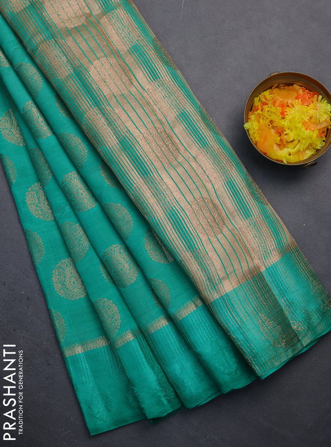 Semi raw silk saree teal green with zari woven buttas and zari woven simple border