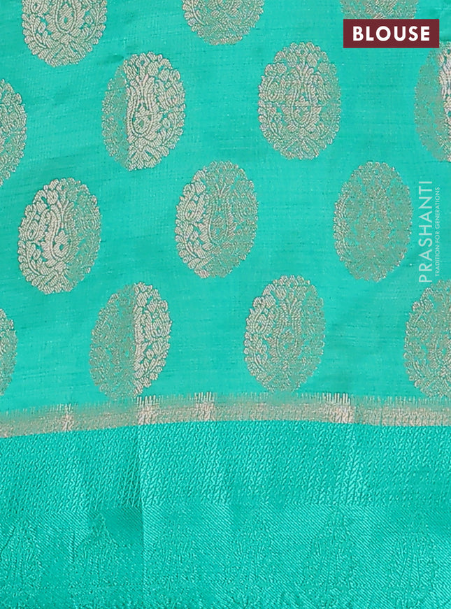 Semi raw silk saree teal green with zari woven buttas and zari woven simple border
