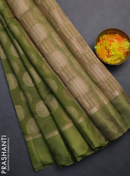Semi raw silk saree mehendi green with zari woven buttas and zari woven simple border
