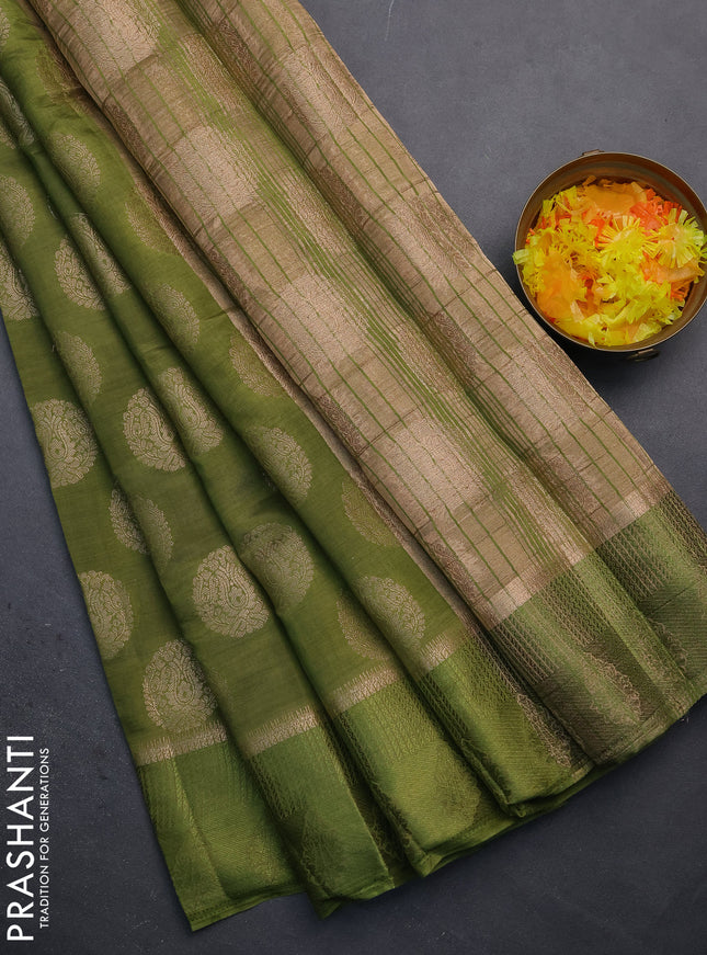 Semi raw silk saree mehendi green with zari woven buttas and zari woven simple border
