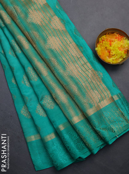 Semi raw silk saree teal green with zari woven buttas and zari woven simple border