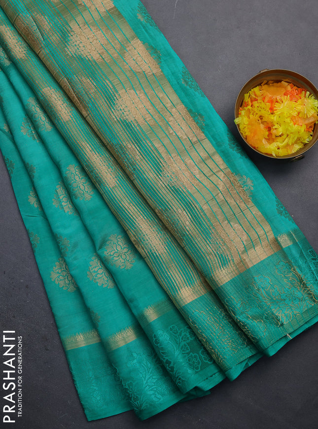 Semi raw silk saree teal green with zari woven buttas and zari woven simple border