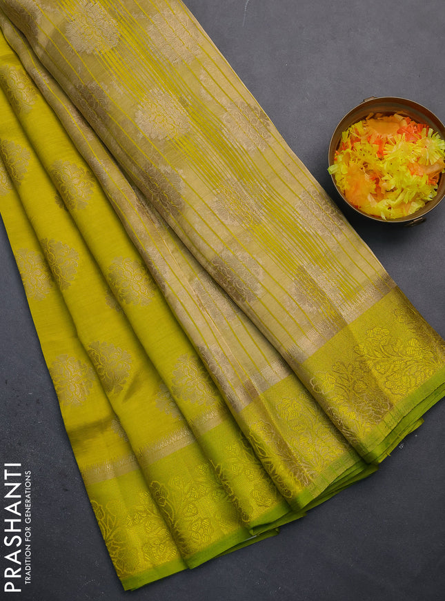 Semi raw silk saree lime yellow with zari woven buttas and zari woven simple border