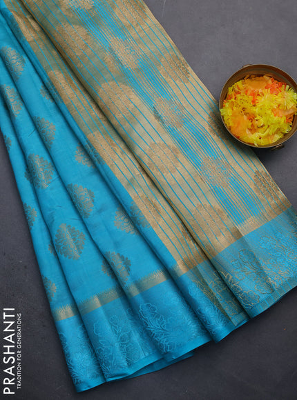 Semi raw silk saree cs blue with zari woven buttas and zari woven simple border