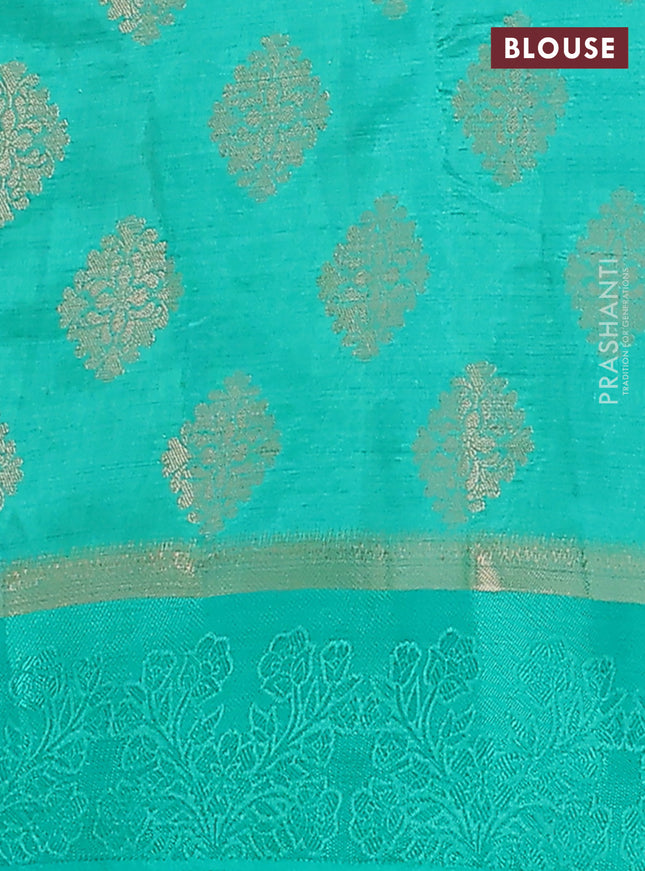 Semi raw silk saree teal green with zari woven buttas and zari woven simple border