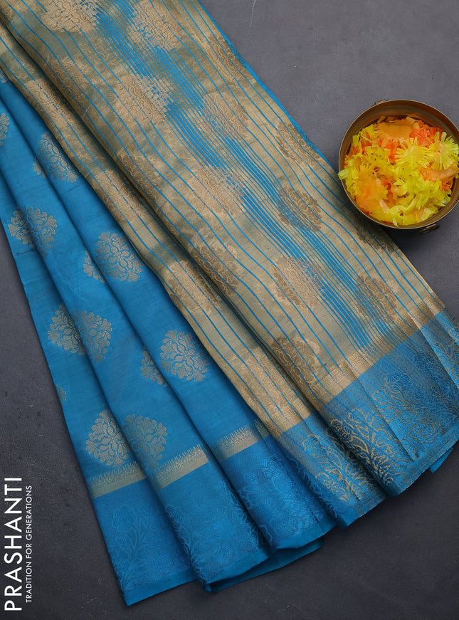 Semi raw silk saree cs blue with zari woven buttas and zari woven simple border