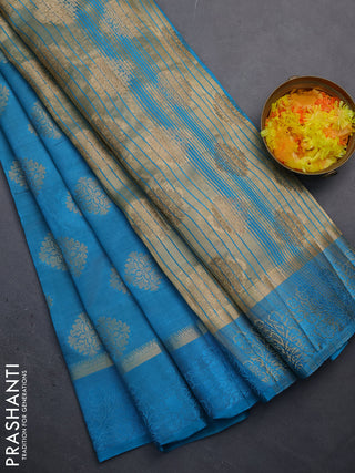 Semi raw silk saree cs blue with zari woven buttas and zari woven simple border