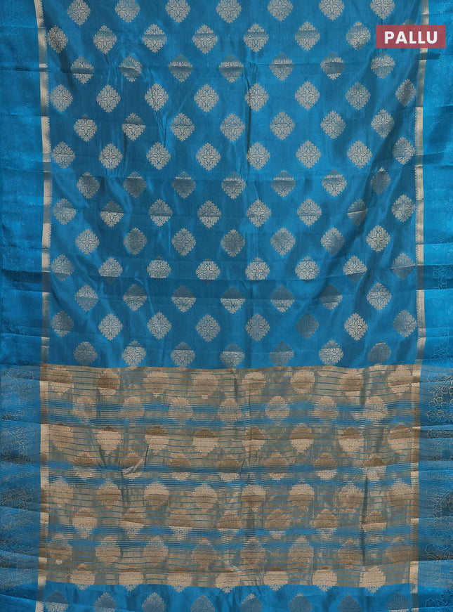 Semi raw silk saree cs blue with zari woven buttas and zari woven simple border