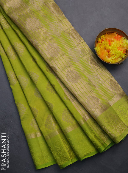 Semi raw silk saree lime green with zari woven buttas and zari woven simple border
