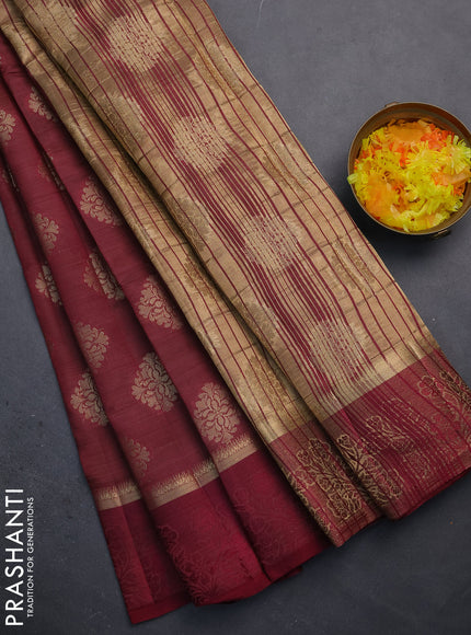 Semi raw silk saree wine shade with zari woven buttas and zari woven simple border