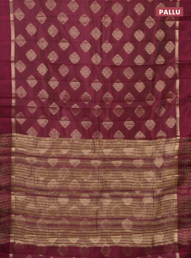 Semi raw silk saree wine shade with zari woven buttas and zari woven simple border
