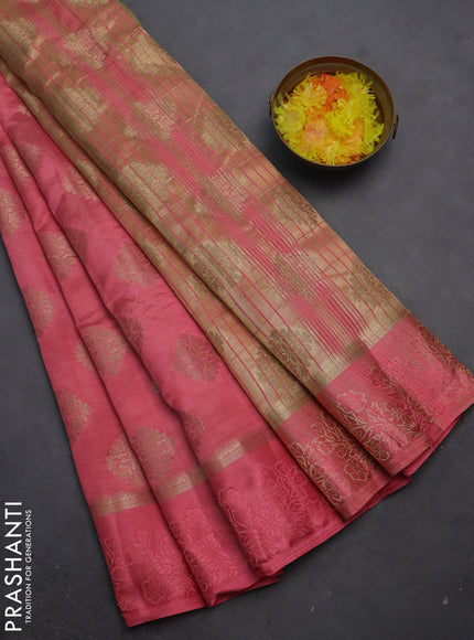 Semi raw silk saree peach pink with zari woven buttas and zari woven simple border