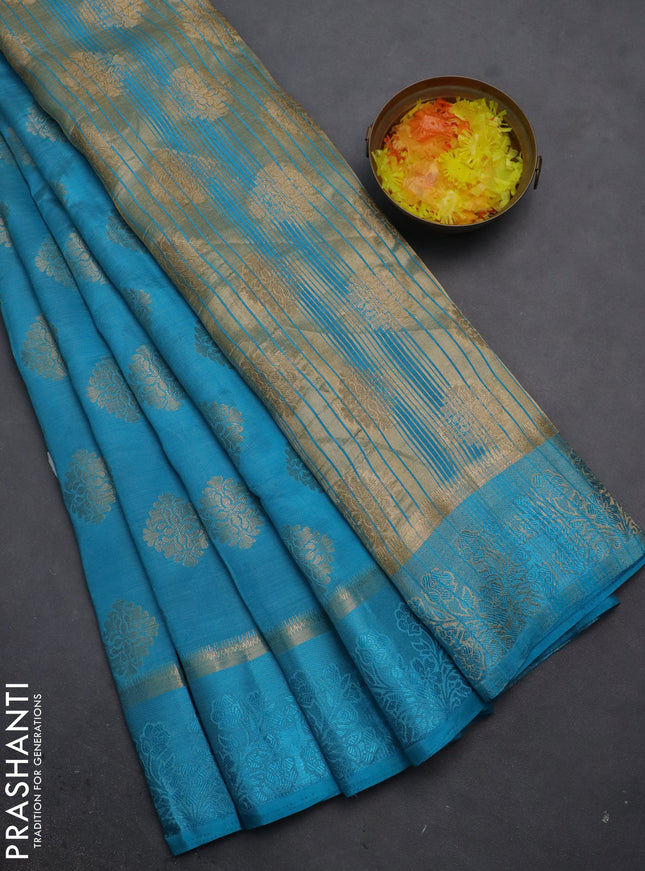 Semi raw silk saree teal blue with zari woven buttas and zari woven simple border