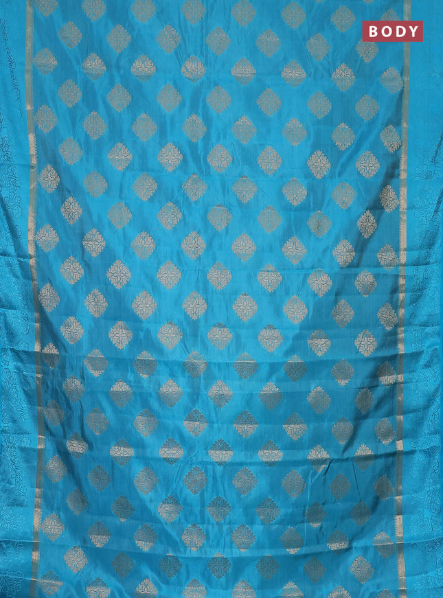 Semi raw silk saree teal blue with zari woven buttas and zari woven simple border
